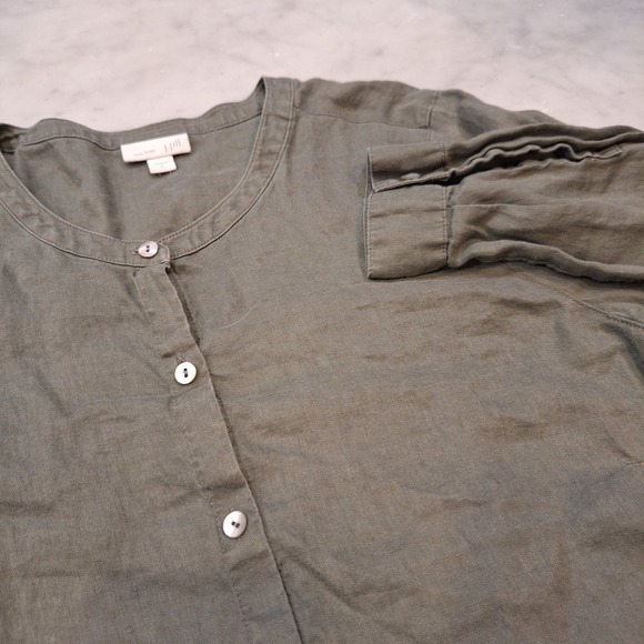 J. Jill Tops - J. Jill Tunic Sz L Olive Green 100% Linen Side Tie Button Down Long Sleeve Top